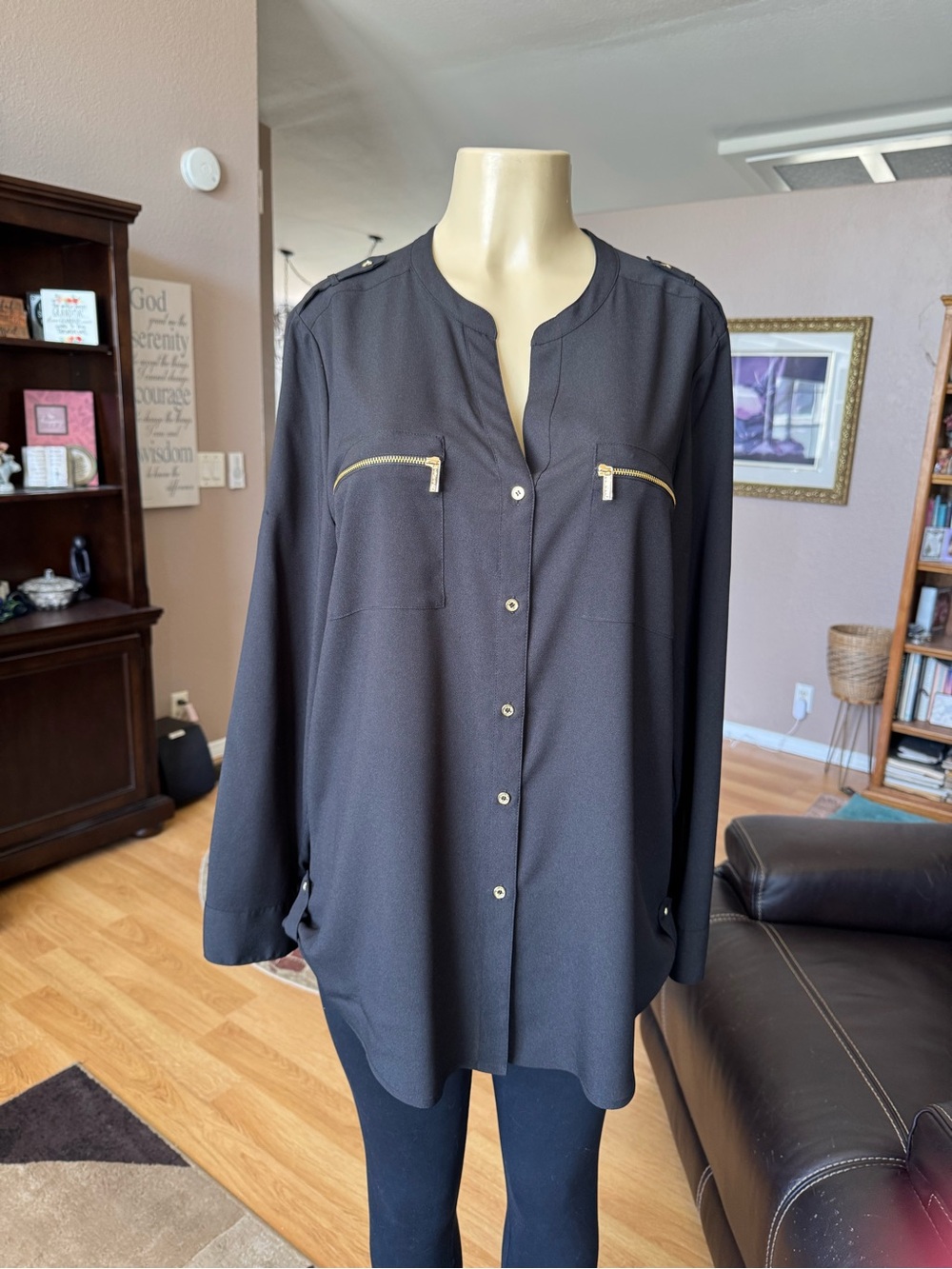 Calvin Klein black button front with gold zipper pockets-size XL-NWOT